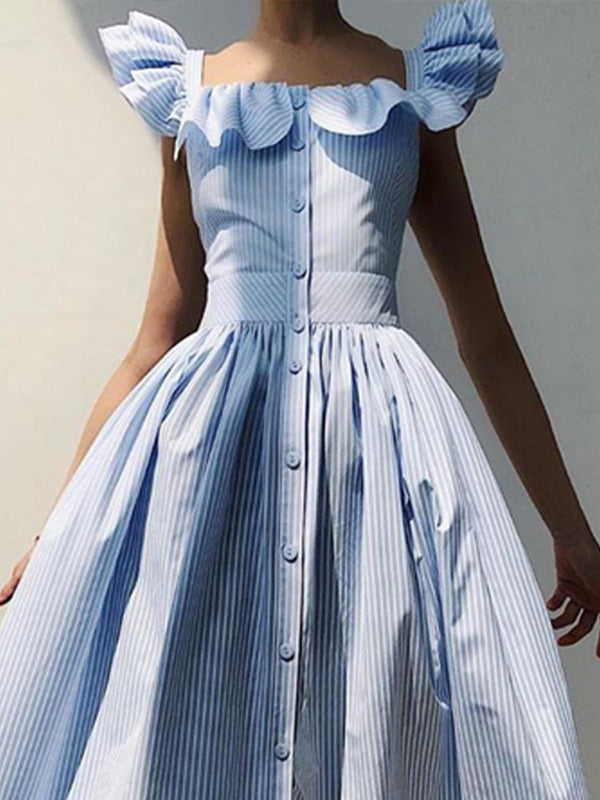 A-Line Loose Buttoned Pleated Ruffle Trim Striped Square-Neck Maxi Dresses
