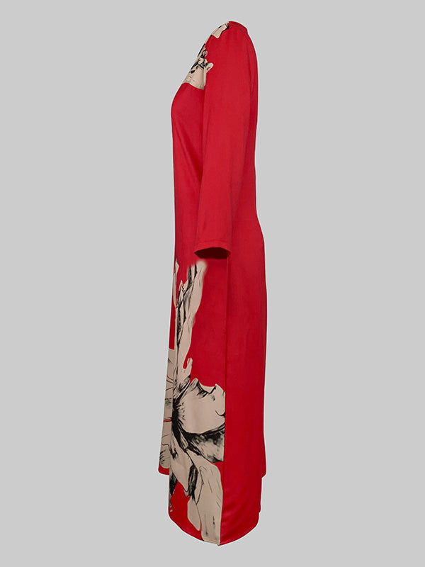 Loose Three-Quarter Sleeves Contrast Color Flower Print Round-Neck Midi Dresses