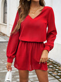 A-Line High Waisted Elasticity Pleated Solid Color V-Neck Mini Dresses