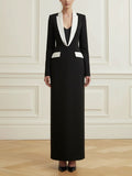 Long Sleeves Contrast Color Deep V-Neck Maxi Dresses