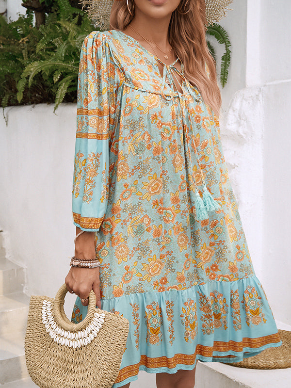 A-Line Loose Contrast Color Drawstring Flower Print Pleated Split-Joint V-Neck Mini Dresses