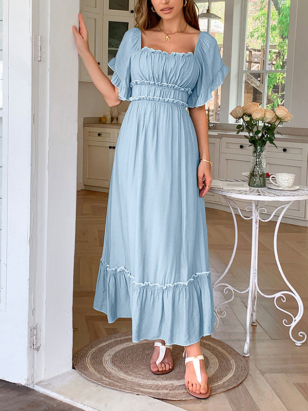 A-Line High Waisted Pleated Ruffle Trim Split-Joint Zipper Square-Neck Midi Dresses