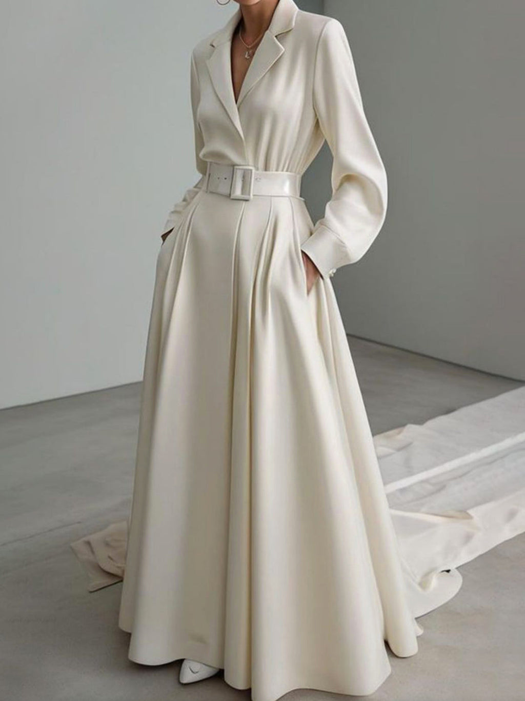 Long Sleeves Loose No Belt Solid Color Notched Collar Maxi Dresses
