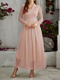 High Waisted Long Sleeves Buttoned Gauze See-Through Solid Color V-Neck Maxi Dresses