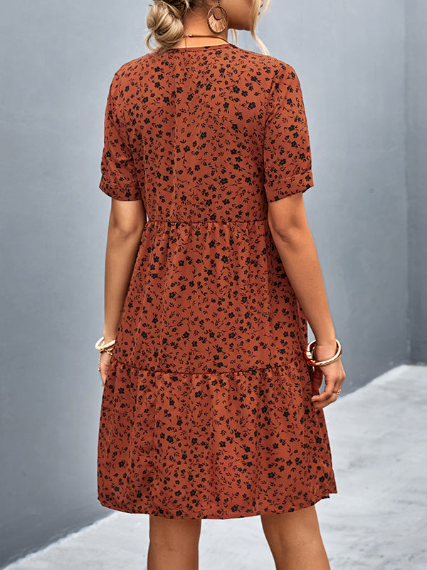 Short Sleeves Flower Print Split-Joint V-Neck Mini Dresses