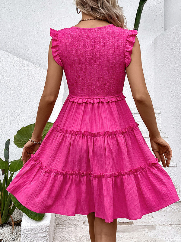 Loose Sleeveless Ruffle Trim Solid Color Split-Joint Deep V-Neck Mini Dresses