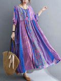 Vintage Side Pocket Striped Floral Printed Midi Dress
