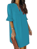 A-Line Flared Sleeves Pleated Ruffled Solid Color Split-Joint V-Neck Mini Dresses