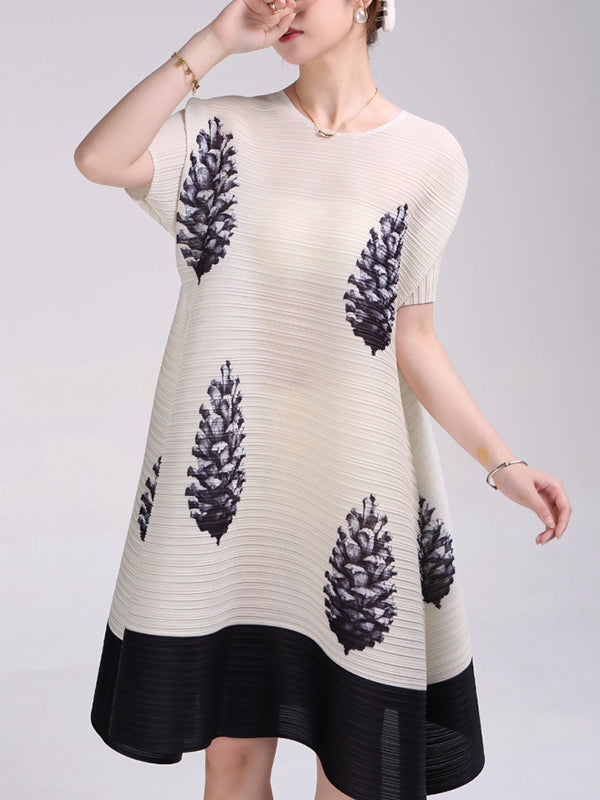 A-Line Loose Flower Print Pleated Round-Neck Midi Dresses