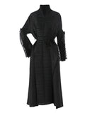 Casual Long Sleeves Loose Tied Pleated Stand Collar Midi Dresses
