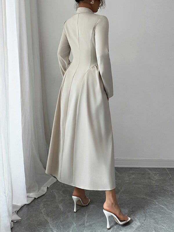 A-Line High Waisted Buttoned Pleated Solid Color Split-Joint Notched Collar Maxi Dresses Shirt Dress