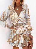 A-Line Long Sleeves Contrast Color Pleated Split-Joint Tied V-Neck Mini Dresses