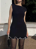 High Waisted Sleeveless Ruffle Trim Solid Color Round-Neck Mini Dresses