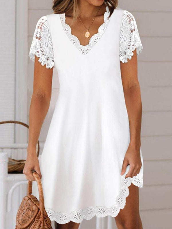Loose Short Sleeves Solid Color Split-Joint V-Neck Mini Dresses