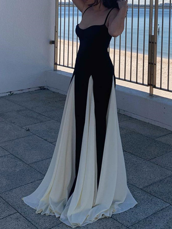 High Waisted Sleeveless Backless Contrast Color Pleated Split-Joint Spaghetti-Neck Maxi Dresses