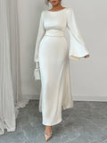 A-Line Flared Sleeves Solid Color Tied Zipper Round-Neck Maxi Dresses