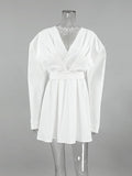Long Sleeves Loose Pleated Solid Color Split-Joint Tied Waist V-Neck Mini Dresses Shirt Dress