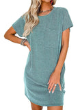 A-Line Loose Contrast Color Pockets Split-Joint Striped Round-Neck Mini Dresses