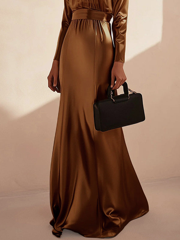 Long Sleeves Loose Pleated Shiny Solid Color Split-Joint Tied Waist High Neck Evening Dresses Maxi Dresses