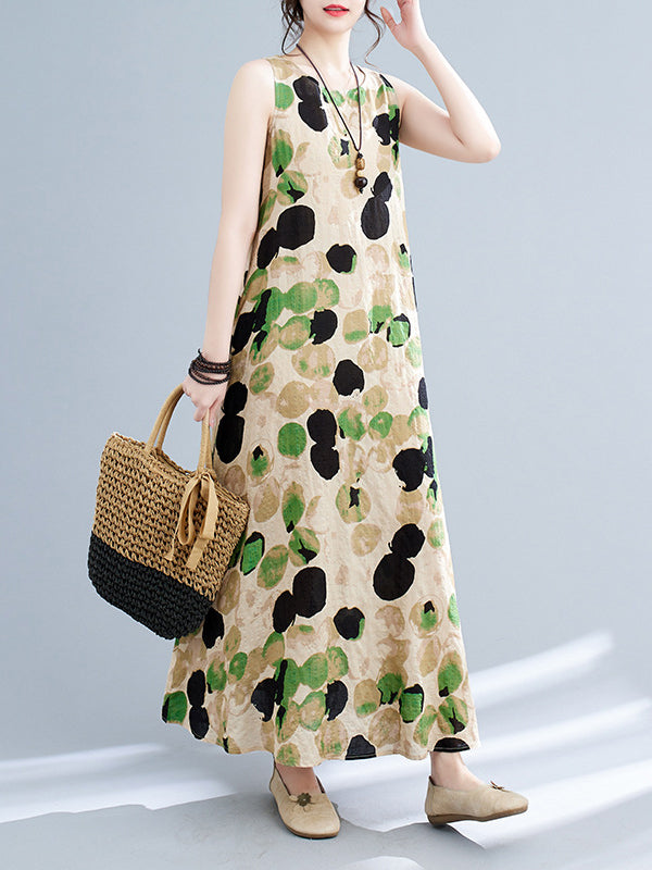 Loose Sleeveless Printed Split-Joint Round-Neck Maxi Dresses