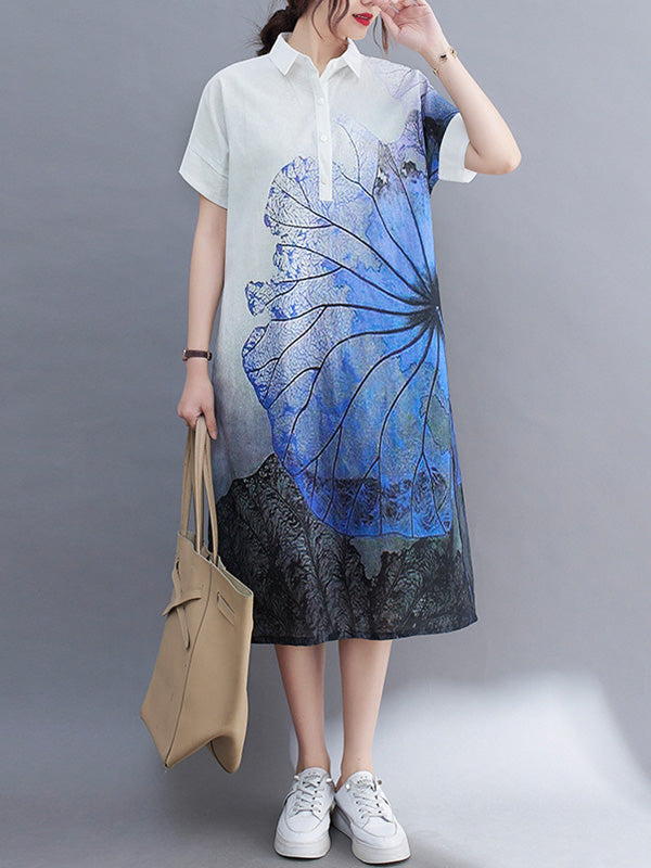Loose Short Sleeves Buttoned Floral Printed Lapel Collar Midi Dresses Shirt Dress