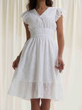 A-Line Loose Elasticity Hollow Pleated Solid Color V-Neck Mini Dresses