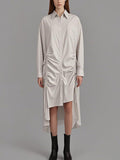 High-Low Long Sleeves Buttoned Drawstring Pleated Pockets Solid Color Lapel Midi Dresses