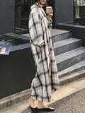 Long Sleeves Loose Plaid Split-Joint Tied Waist Lapel Maxi Dresses Shirt Dress