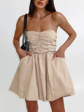 A-Line High Waisted Elasticity Pleated Pockets Solid Color Tube Mini Dresses