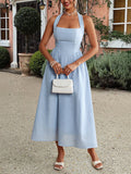 A-Line High Waisted Backless Pleated Solid Color Zipper Halter-Neck Midi Dresses