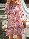 A-Line Loose Contrast Color Flower Print Pleated V-Neck Mini Dresses
