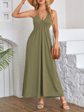 A-Line Loose Pleated Solid Color Split-Joint Deep V-Neck Maxi Dresses