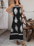 A-Line Loose Contrast Color Halter-Neck Maxi Dresses