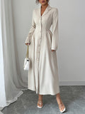 A-Line High Waisted Buttoned Pleated Solid Color Split-Joint Notched Collar Maxi Dresses Shirt Dress