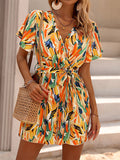 High Waisted Loose Printed Tied Waist V-Neck Mini Dresses