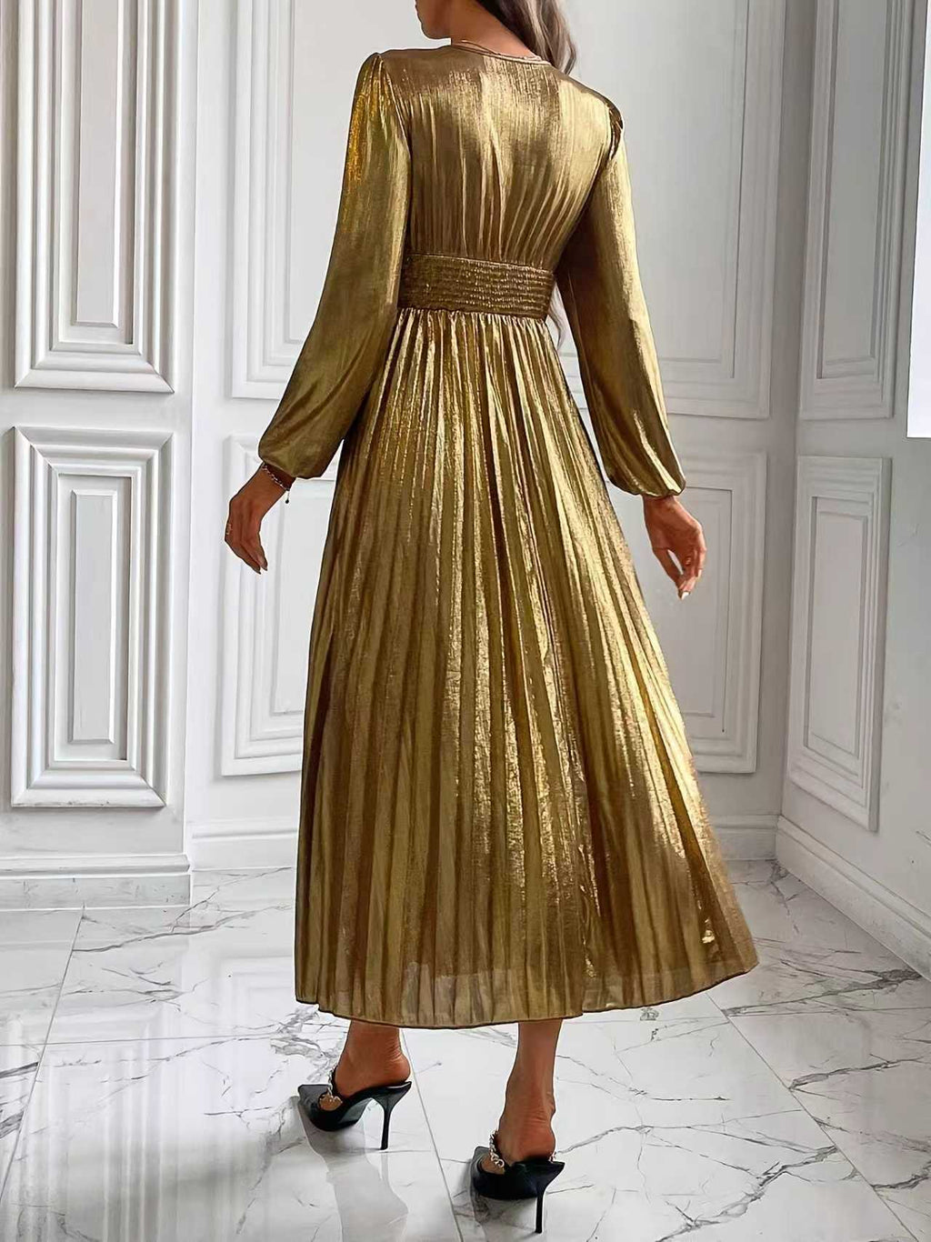 Long Sleeves Pleated Shiny Smocked Deep V-Neck Maxi Dresses