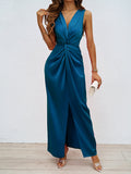 Bodycon High Waisted Elasticity Knot Solid Color Split-Front Split-Joint Zipper V-Neck Maxi Dresses