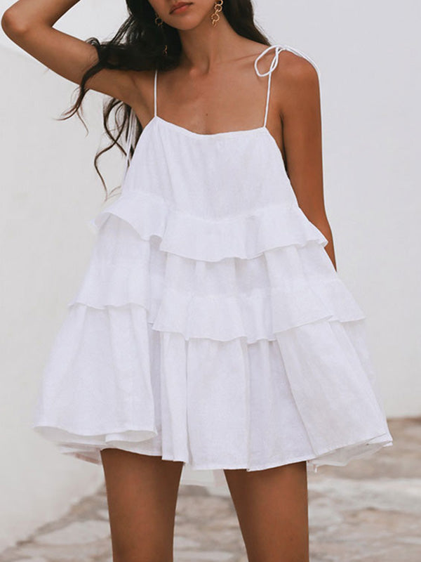 A-Line High Waisted Backless Layered Pleated Solid Color Spaghetti-Neck Mini Dresses