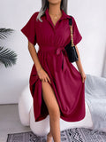 Loose Short Sleeves Solid Color Split-Joint Tied Waist Lapel Midi Dresses Shirt Dress