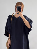 Causal Plus Size Pleated Raglan Sleeve V-Neck Midi Dress
