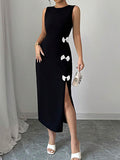 Bodycon High Waisted Bowknot Split-Side Round-Neck Midi Dresses
