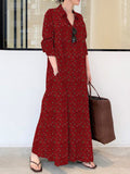 Vintage Printed Lapel Long Sleeve Shirt Maxi Dress