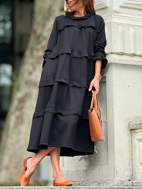 A-Line Loose Ruffled Solid Color Split-Joint Round-Neck Maxi Dresses