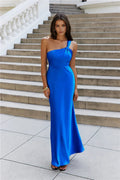 Graceful Elegance One Shoulder Satin Maxi Dress  Blue