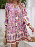 A-Line Loose Contrast Color Drawstring Flower Print Pleated Split-Joint V-Neck Mini Dresses