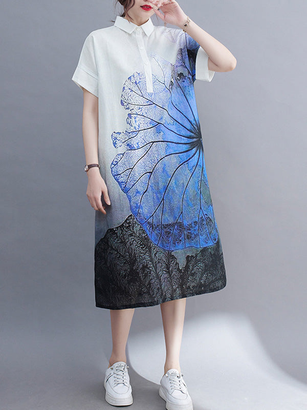Loose Short Sleeves Buttoned Floral Printed Lapel Collar Midi Dresses Shirt Dress