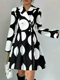 A-line High Waisted Buttoned Contrast Color Pleated Polka-Dot Lapel Mini Dresses