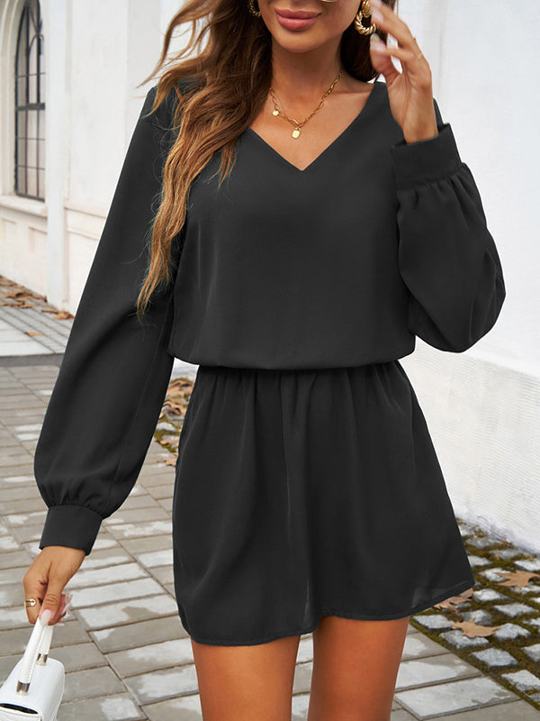 A-Line High Waisted Elasticity Pleated Solid Color V-Neck Mini Dresses