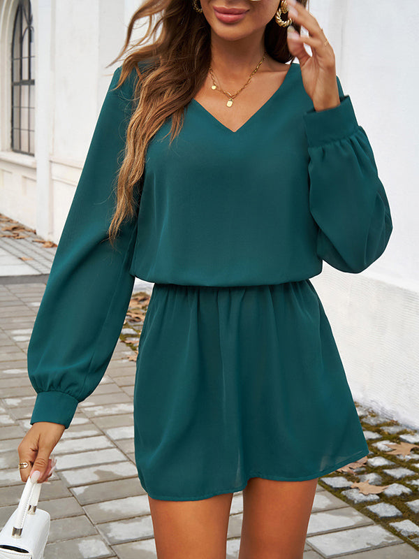 A-Line High Waisted Elasticity Pleated Solid Color V-Neck Mini Dresses