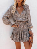 A-Line Long Sleeves Contrast Color Leopard Pleated Split-Joint Tied V-Neck Mini Dresses